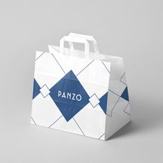 a white and blue shopping bag with the word panzo on it's side