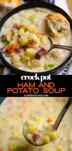 ham and potato soup in a black bowl with a ladle full of the soup