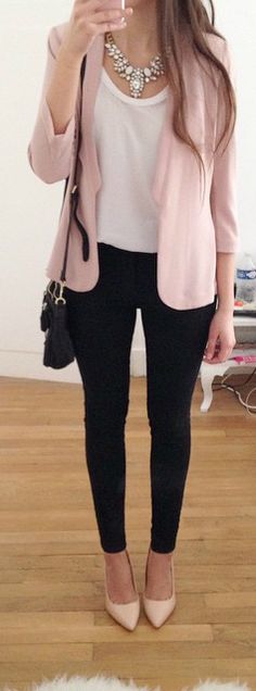 i already have a pink jacket like this but would like a pair of similar black dress pants, that are not quite so tight, so i can recreate this look. also like the blouse! Mode Tips, Professional Attire, Interview Outfit, Pink Blazer, 가을 패션, Professional Outfits, Outfits Casual