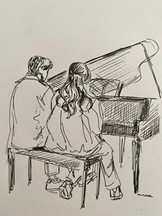 a drawing of two people sitting at a piano