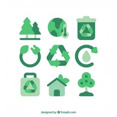 the green icon set includes trees, leaves and recyclables for recycling