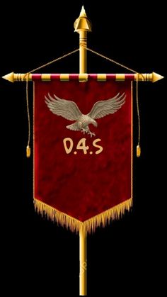 a red banner with an eagle on it and the word d4s written in gold