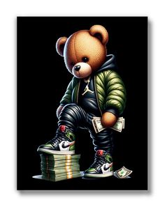 a painting of a teddy bear with money in his pants and sneakers, on a black background