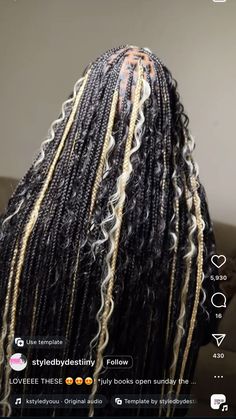 Braids For Black Women Goddess, Highlights Boho Braids, Black And White Goddess Braids, Large Knotless Box Braids Blonde, Goddess Braids Blonde And Black, Goddess Braids With Blonde, Blonde And Black Boho Knotless Braids, Blonde And Black Goddess Braids, Blonde Braids Black Roots