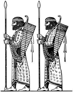 two men dressed in medieval clothing and holding spears, vintage line drawing or engraving illustration