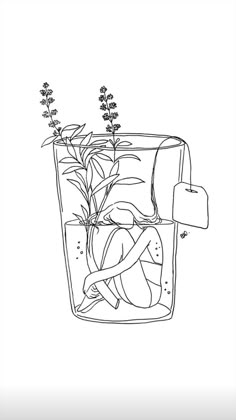 a drawing of a glass filled with water and lavenders on the side, in front of a white background