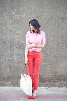 Valentines Day Looks 2012:  pink and red with gold accents from Kendi Everyday. Coral Pants, Kendi Everyday, Dressed To The Nines, Colored Pants, Evening Outfits, Mom Outfits, Straight Leg Pants, Style Me Pretty