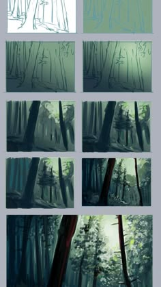 several different stages of drawing trees in the woods