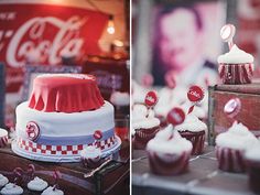 a collage of photos with cupcakes and coca - cola signs in the background