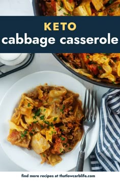 keto cabbage casserole on a white plate with a blue and white striped napkin