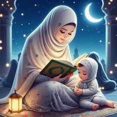 a painting of a woman reading to a baby in the middle of a night time scene