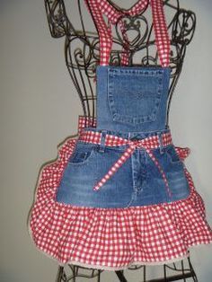 an apron made out of denim and red gingham