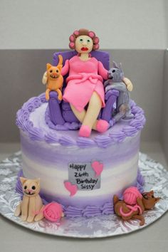 a woman sitting on top of a purple cake with cats and dogs around her,