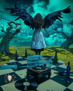 a woman standing on top of a checkered table covered in bottles and an angel