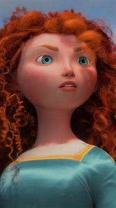 a close up of a person with red hair and blue eyes looking at something in the distance