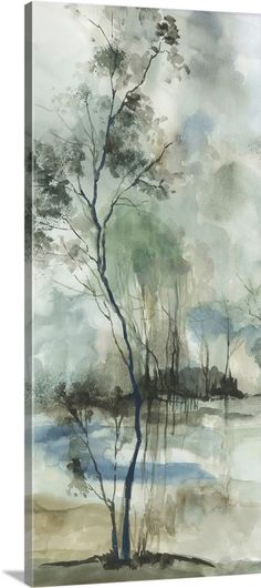 a painting with trees and water in the background