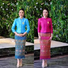 " This is Asian Thai-Lao traditional dress.Before place the order, kindly please contact me via convo to confirm design and size availability before" Thank You :) Note: This dress set is just the mix- match set, the blouse and the skirt are made from the different kind of material .So,the both blouse and the skirt are not exactly matching color and fabric. This is Asian Thai-Lao traditional dress is made from synthetic silk fabric with lining both blouse and skirt(adjust size by hook). This dres Model Tunik Batik, Songket Kurung, Lao Clothing, Laos Clothing, Thai Dress, Traditional Dress, Dress Set, White Outfits, Sarong