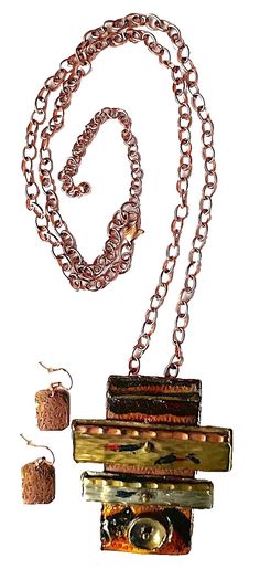 Necklace and earring set. Very creative mixed media pendant featuring metal work, enameling, engraving and painting. The large copper and brass pendant is 2.75 inches in length. The small copper rectangular earrings are .6 inches in length with an engraved abstract design. Long and strong copper link chain that can be adjusted from 20 to 30 inches. Lobster claw clasp. *Please check out our store featuring all hand made items. Lots of jewelry and bead assortments. Rectangular Earrings, Lots Of Jewelry, Art Pendant, Necklace And Earring Set, Copper And Brass, Brass Pendant, Fine Jewellery Necklace, Metal Work, Necklace Earring Set