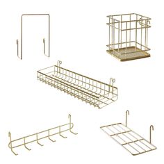 three metal racks and one wire basket are shown in different positions on a white background