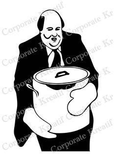 a black and white drawing of a man holding a pot