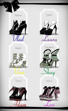 four pairs of high heeled shoes are shown in black and white, with different colors