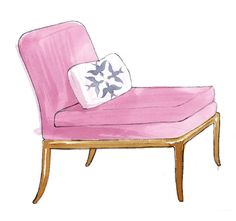 a drawing of a pink chair with pillows on it's back and side legs