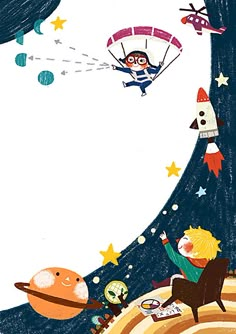 an illustration of a boy flying in the sky with space shuttles and rockets above him