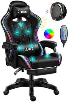 an image of a gaming chair with lights and remotes on it's back