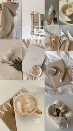 a collage of photos with coffee, books and other items