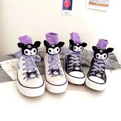 Kuromi Inspired Black and White Canvas High-Top Sneakers Shoes – PeachyBaby Komi Shoes, Kiromi Shoes, Shoes Kawaii, Stile Harry Potter, Hello Kitty Shoes, Cartoon Shoes, Anime Devil, Black And White Canvas, White Canvas