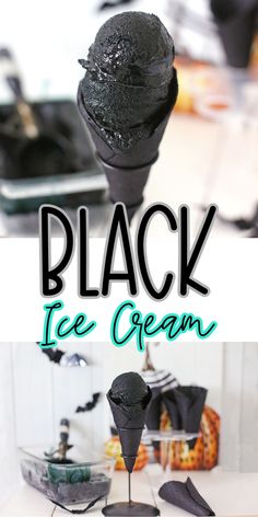 black ice cream is sitting on top of a table