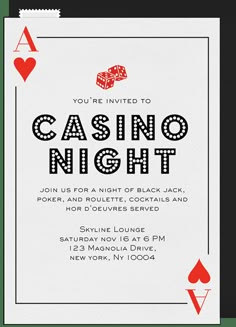 a casino night party with playing cards and dices on the front, in black and white