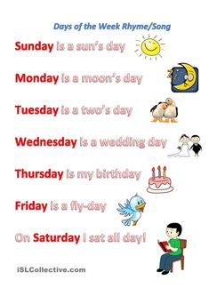 the days of the week in english and spanish with pictures of animals, birds, and people