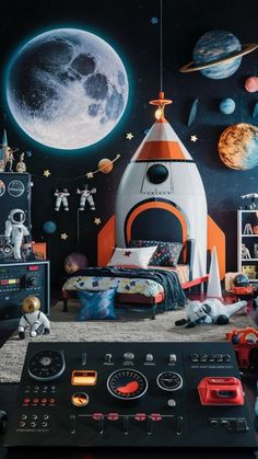 a space themed bedroom with toys and decor