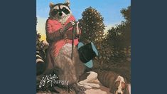 a painting of a raccoon holding a hat and walking two dogs on a path