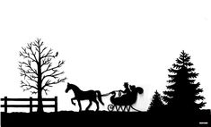 a silhouette of a horse pulling a sleigh with a man riding in it