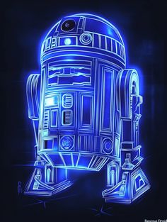 a drawing of a r2d2 from star wars with blue lights on it