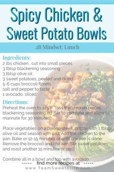 the recipe for spicy chicken and sweet potato bowls is shown in this brochure