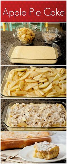 apple pie cake with apples in the background and three pictures showing how to make it