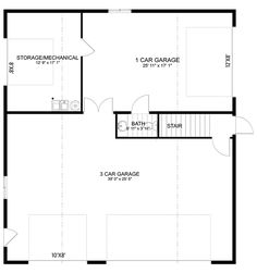 the first floor plan for a house with two garages and an upstairs living area