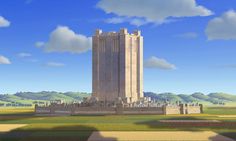 an animated image of a tall tower in the middle of a field