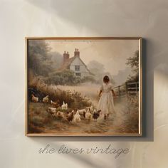 Girl Farmhouse Art Chicken Farm Painting Brown Chickens Printable Vintage Female Artwork Farm House Wall Art White Brown Home Decor P79 - Etsy Vintage Art Landscape, Mixing Vintage And Modern Art, Girly Farmhouse, Kitchen Art Vintage, Vintage Paintings Aesthetic, Deb And Danielle Decor, Antique Farm Nursery, Vintage Farm Bedroom, Vintage Cottage Painting