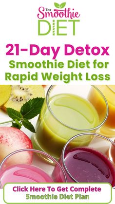 Try a 21-day detox smoothie plan to jumpstart your weight loss. 21 Day Smoothie Diet Plan Free Pdf, Smoothie Diet Plan 7 Day, Fruit Detox, 21 Day Detox, Detox Meal Plan, Smoothie Diet Plan, 17 Day Diet, Smoothie Cleanse, Yummy Smoothie Recipes