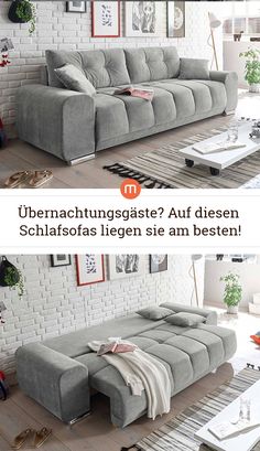 two pictures of a living room with grey couches and white brick wall behind them