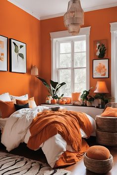 an orange bedroom with white and black bedding, pictures on the window sill