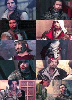 several different pictures of the same character in medieval times, including two men and one woman