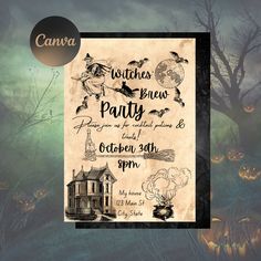 a halloween party flyer with an old fashioned house