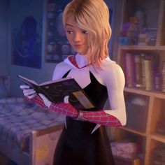 a cartoon character is holding a book in her hand and looking at the camera while standing next to a bed