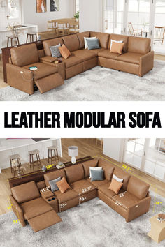 L-shaped leather reclining sectional sofa with console, cup holders, and charging socket, perfect for living room comfort and style. Recliner Sectional, Reclining Sectional Sofa, Leather Modular Sofa, Sofa For Living Room, Sectional Sofa With Recliner, L Shaped Couch, Power Recliner, Reclining Sectional, Power Recliners