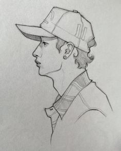 a drawing of a man with a hat on top of his head, looking off to the side